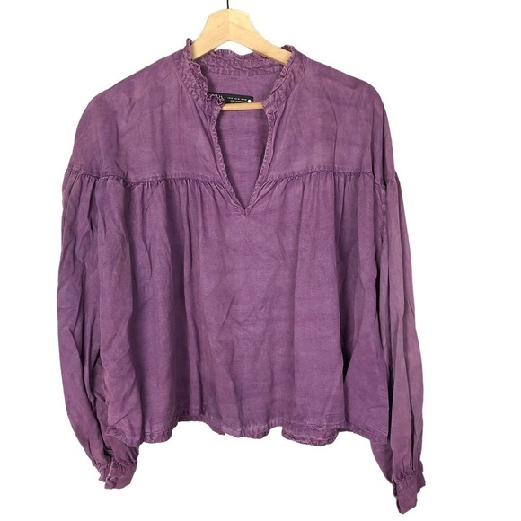 Zara Purple V-Neck Peasant Long Sleeve Blouse M - Picture 1 of 4